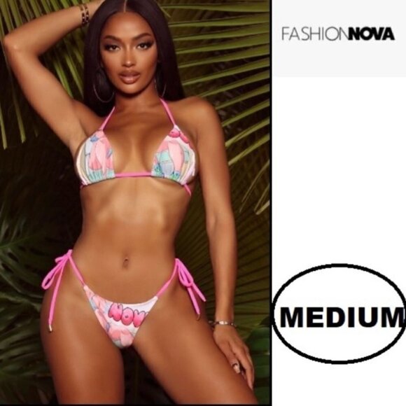 NWT - Fashion Nova,Nights in Shibuya 2 pc Bikini. Size: M.Color:Pink/Multicolour - Picture 11 of 11